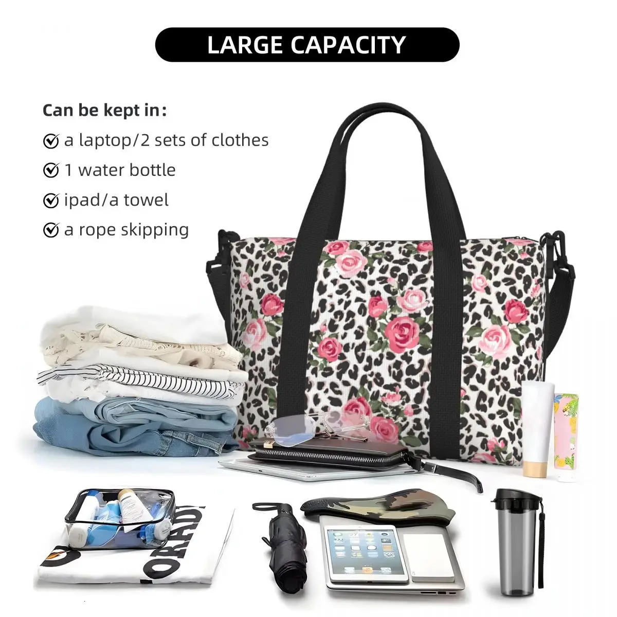 Leopard Rose Print Hand Tote Bag Gym Sports Luggage Travel Men Women Bag Bags Unisex Duffle Bag Print 251110