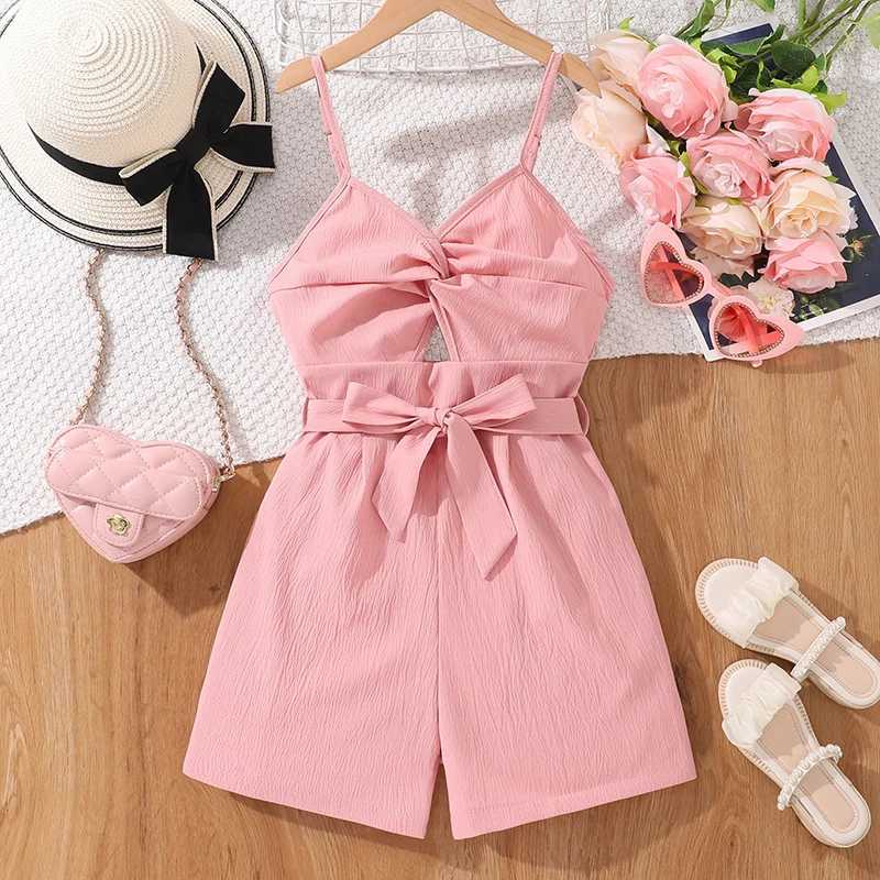 Childrens jumpsuit 8-12 years summer pink sleeveless open work belt short jumpsuit cute girl jumpsuit beach Par travel suitXJ250410