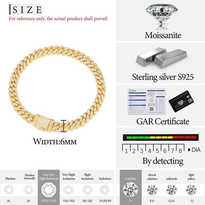 Bling Hip Hop Jewelry 6mm 925 Sterling Silver VVS Moissanite Diamond Thin Iced Out Cuban Link Bracelet for Men Women