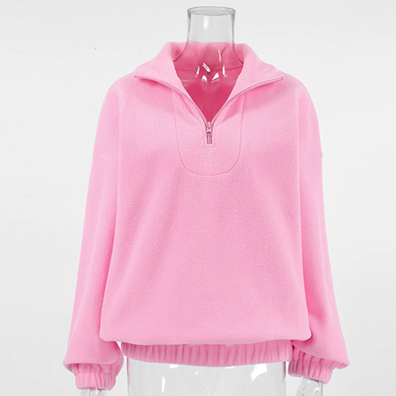 Pink Winter Lamb Fleece Hoodie Women Casual Loose Thick Zipper Long Sleeve Lapel Pullover Top Lady Hoodies Streetwear KPOP 251106