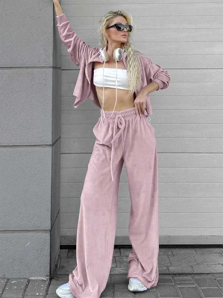 Trendix Velvet Pants 2PCS Set Womens Zipper Long Sleeve Fashion Coat Loose High Waist Lace Top Pants Set Womens SetW250411