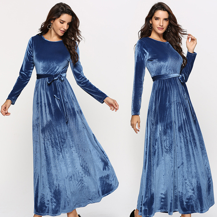 Women's New Solid Round Neck High Waist Lace up Gold Velvet Long Dress