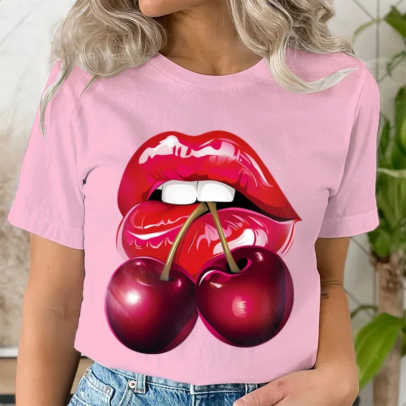 Summer Clothing LIPS CHERRY Print T-Shirts Short Sleeve Ladies Casual Women Fashion Graphic Tee T-shirts Female T Shirt Clothes 250410