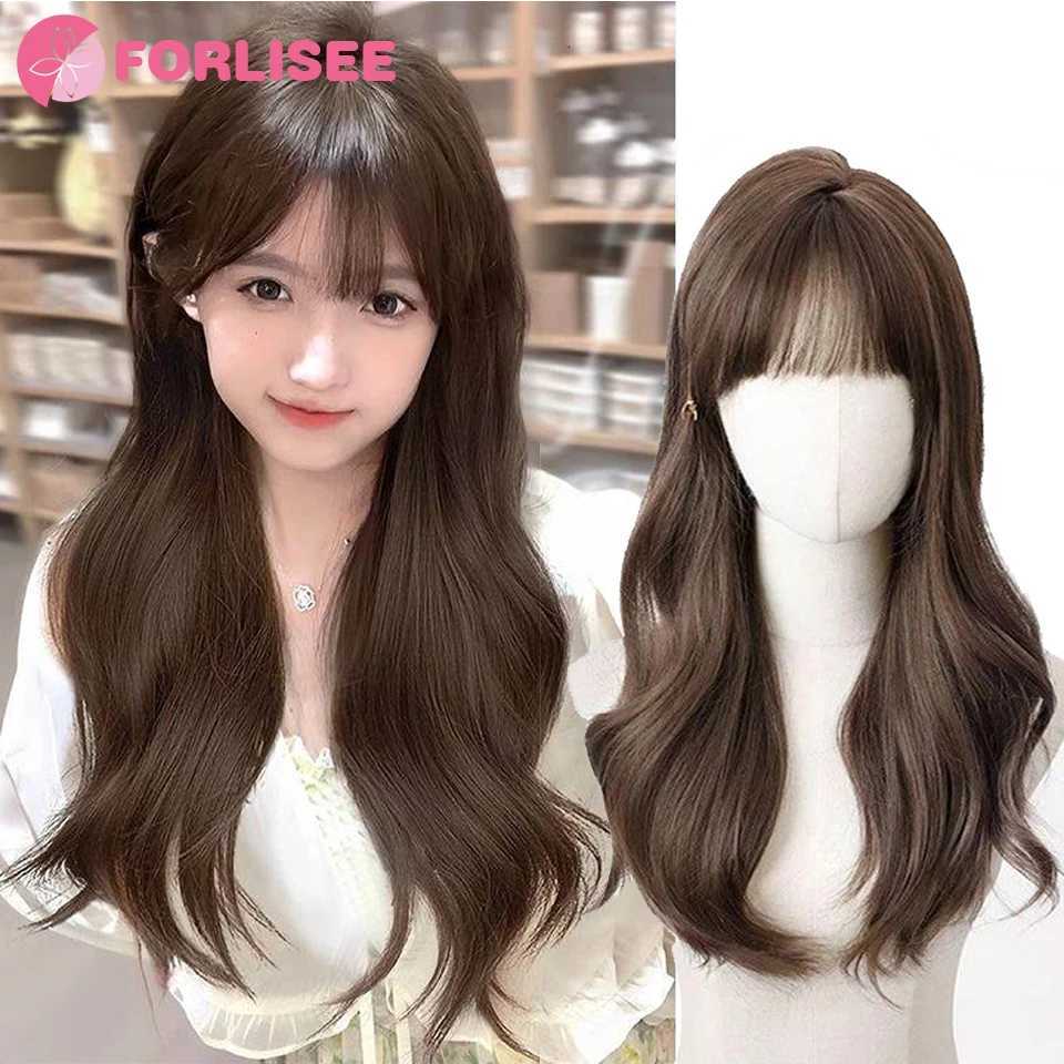 FORLISEE 23-inch Long Curly Hair Synthetic Fluffy Atmosphere Natural Full Bangs Long Curly Chemical Fiber Heat-resistant WigT251111