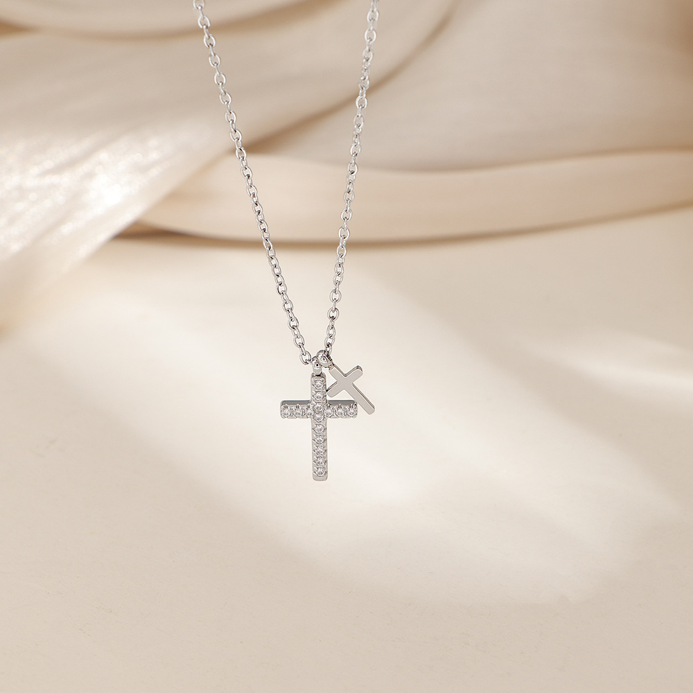 Luxury Titanium SteelCubic Zirconia Double Cross Pendant Necklace Religious Charm 18K Gold Silver CZ Crystal Neckalce Diamonds Christian Necklace Jewe