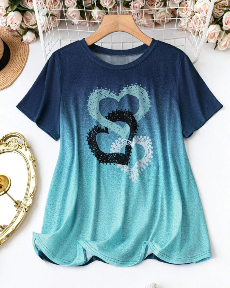 plus size European and American womens casual round neck printed T-shirt 250410