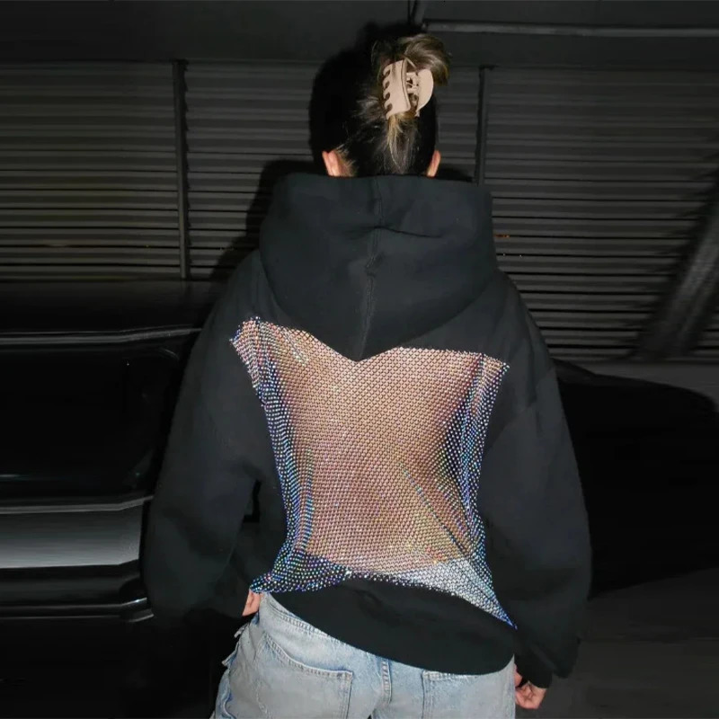 Chic Hollow Out Hooded Jacket For Women Gothic Hollow Mesh Sweatsuit Solid Spliced Streetwears Lady Fashion Y2k Outwear 251105