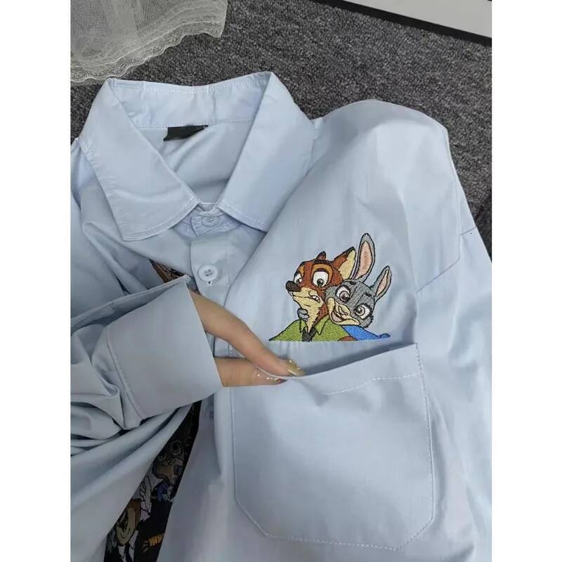 Disney Zootopia blue long sleeve shirt women's spring and autumn cute cartoon personality cardigan fashion simple top holiday gift