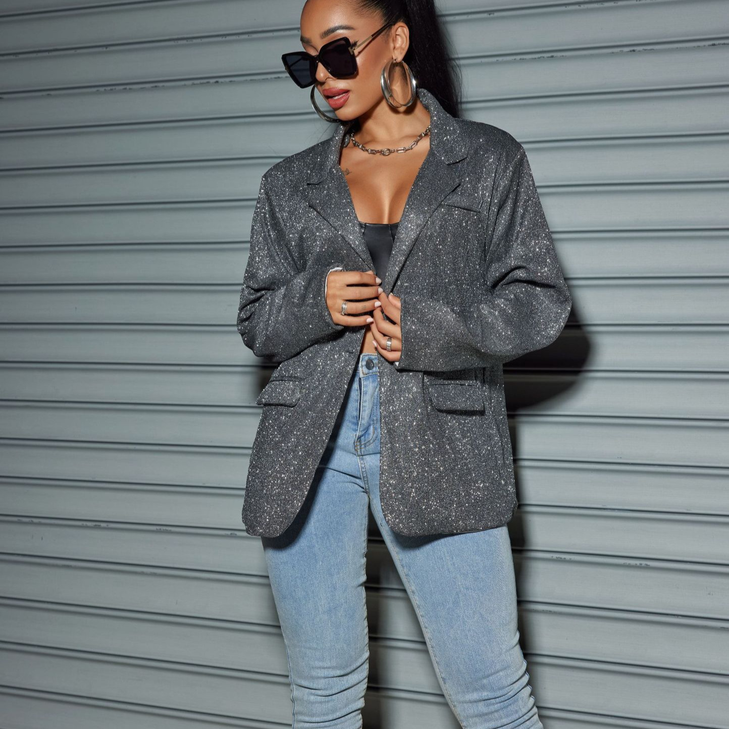 New commuting style cardigan with a collar and long sleeves, sparkling large casual suit jacket