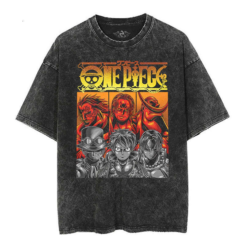 New Japanese classic One Piece Luffy anime oversize high street vintage washed wax printed short sleeved T-shirt
