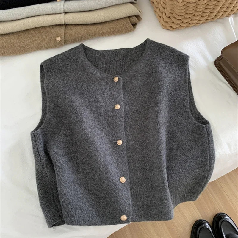 Autumn womens cardigan wool sweater Korean elegant knitted sleeveless casual Tank fashion ultrathin top 250407