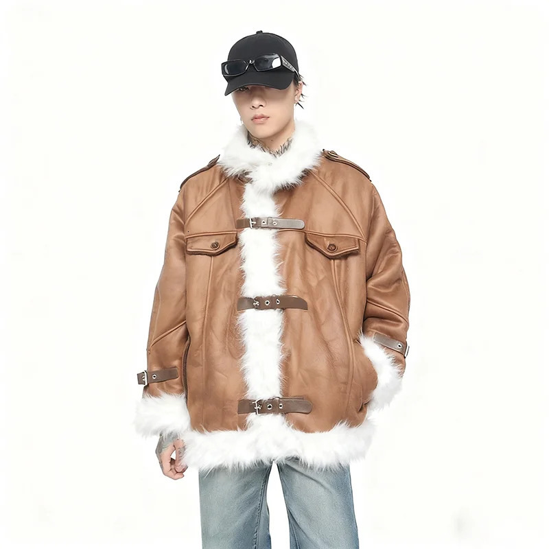 ReddaChic Faux Fur Suede Leather Bomber Jacket Men Buckle Belt Turtleneck Fleece Lined Warm Winter Coat Vintage Punk Outerwear 251106