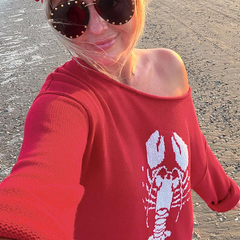 Women's multi-color lobster print sweater, off-the-shoulder long-sleeved top, troffice outfits for women, outerwear, christmas outfit for women--