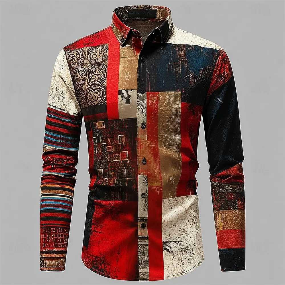2025 Vintage Mens Color Block Patchwork Shirt 3D Printed Shirt Button Up Shirt Casual Long Sleeve Shirt Street Blouse for Men K251110