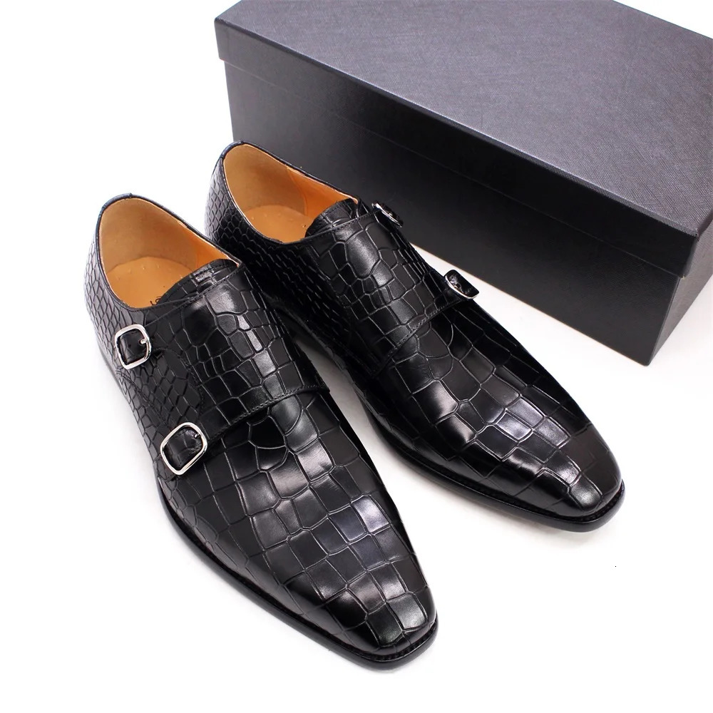 Mens Classic Elegant Black Leather Monk Shoes with Buckle Pattern for Office Wedding and Party Dress 251106