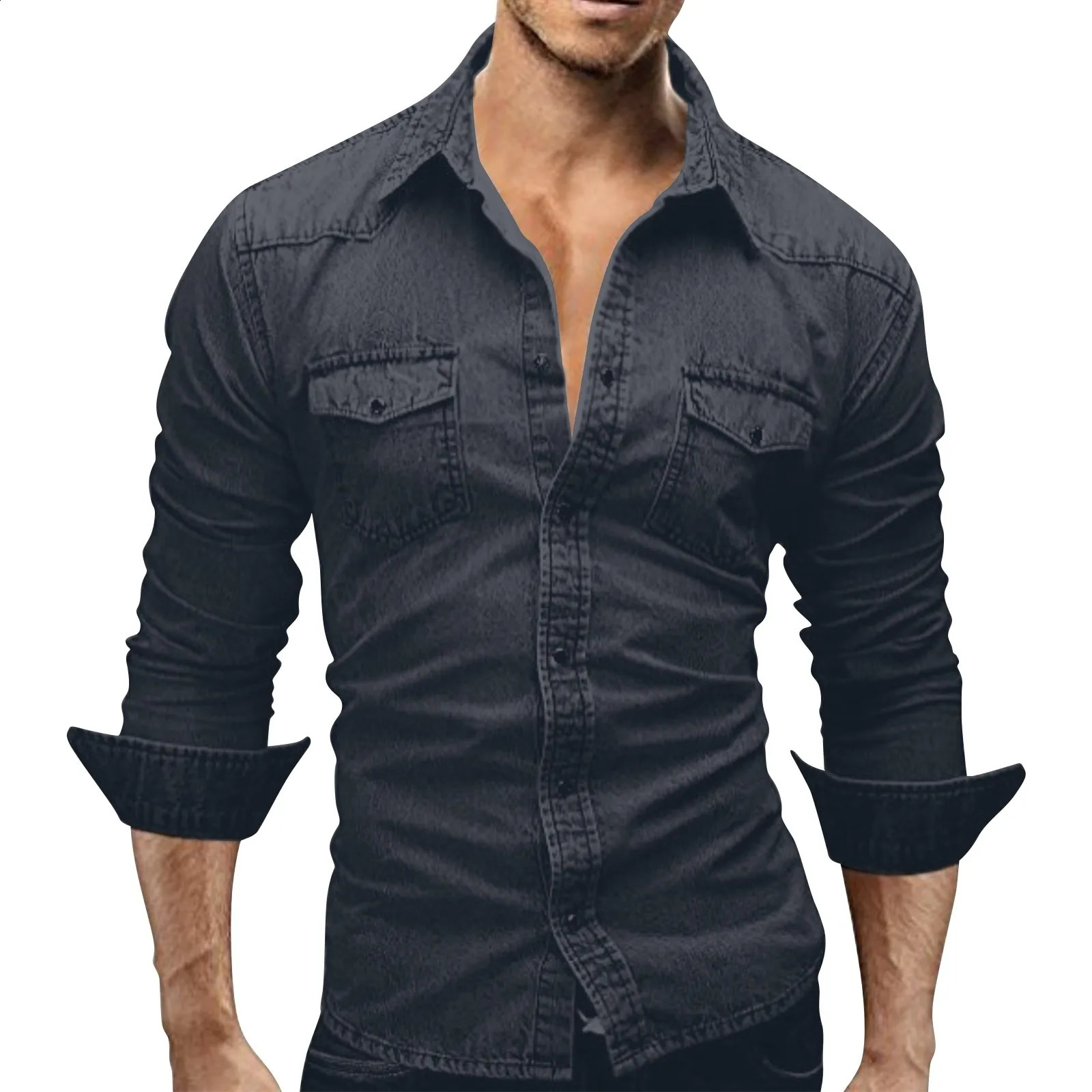 Mens autumn fashion clothing casual long sleeved lapel shirt solid color denim wash mens top 250411e