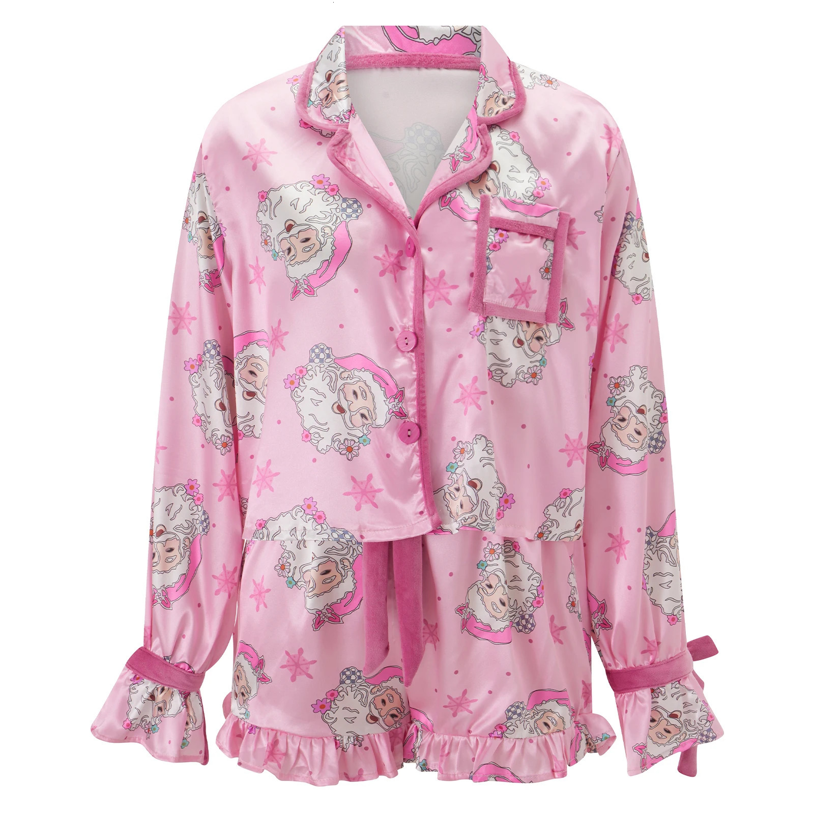 Women 2 Piece Christmas Pajamas Cute Bow Tie Long Sleeve Santa Claus Shirts Ruffles Boxer Shorts Satin Silk Xmas Pjs Sets 251106