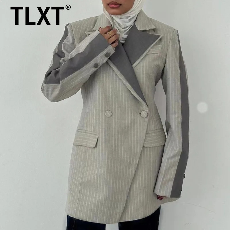 TLXT Womens Collar Set Slimming Fashion Straight Coat Striped Splicing Work Pocket n Jacket 2024 SpringSummer Collection 250407