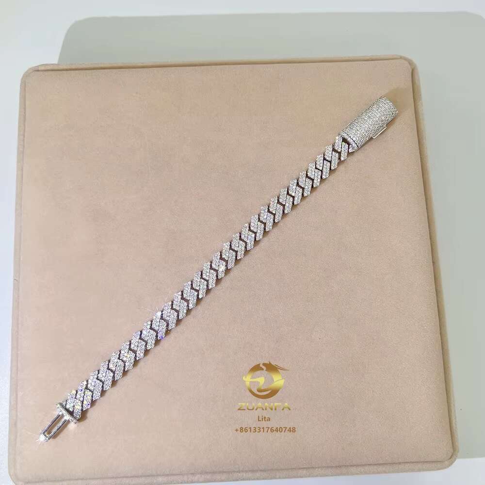 Fashion Fine Iced Out Jewelry Custom Gold Plated Long Clasp Cuban Link Chain Moissanite 10mm Silver Cuban Bracelet