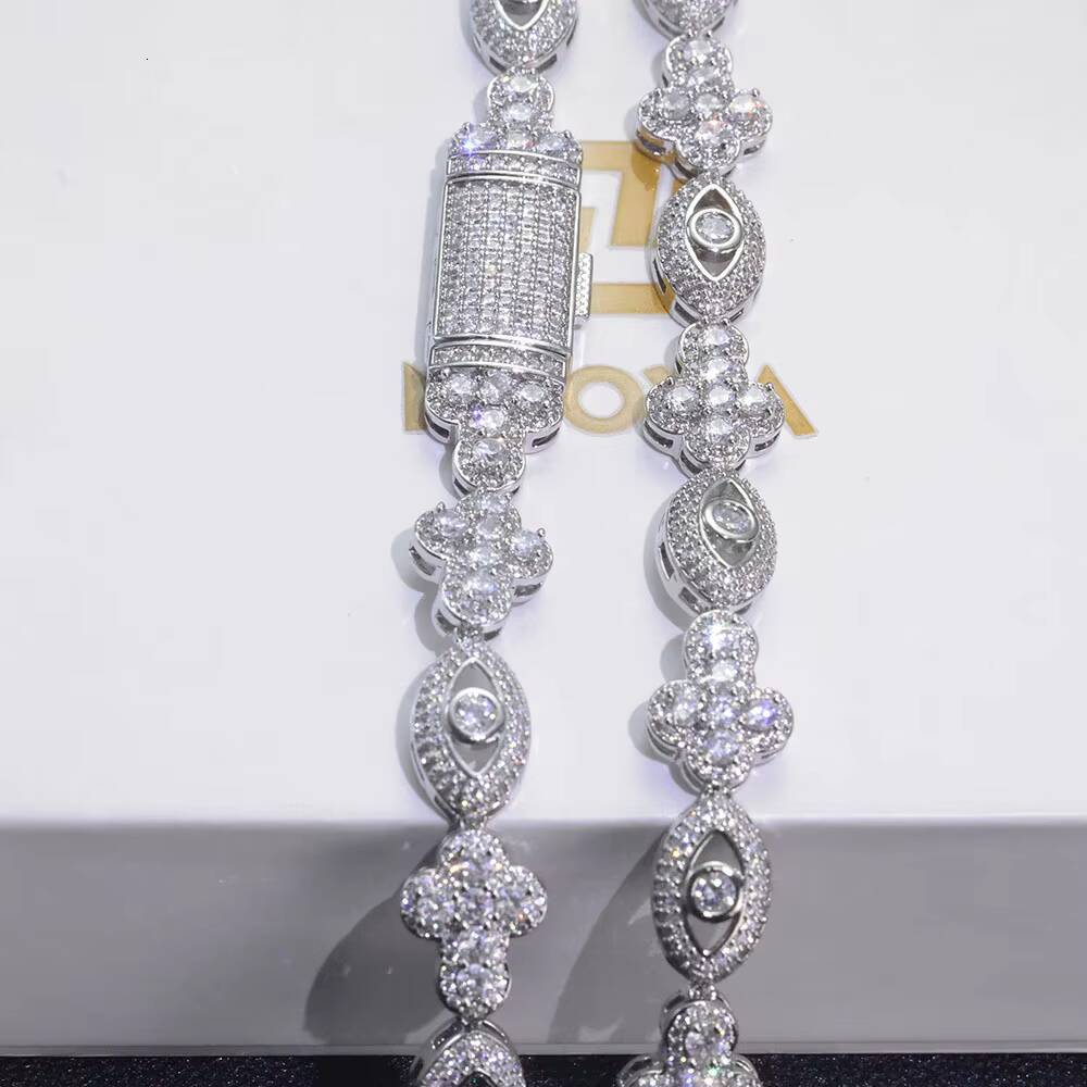 NOUYA 10mm 925 Silver VVS Moissanite Bracelet Eye Design Cross Silver Plated Cuban Chain Hip Hop Luxury Jewelry