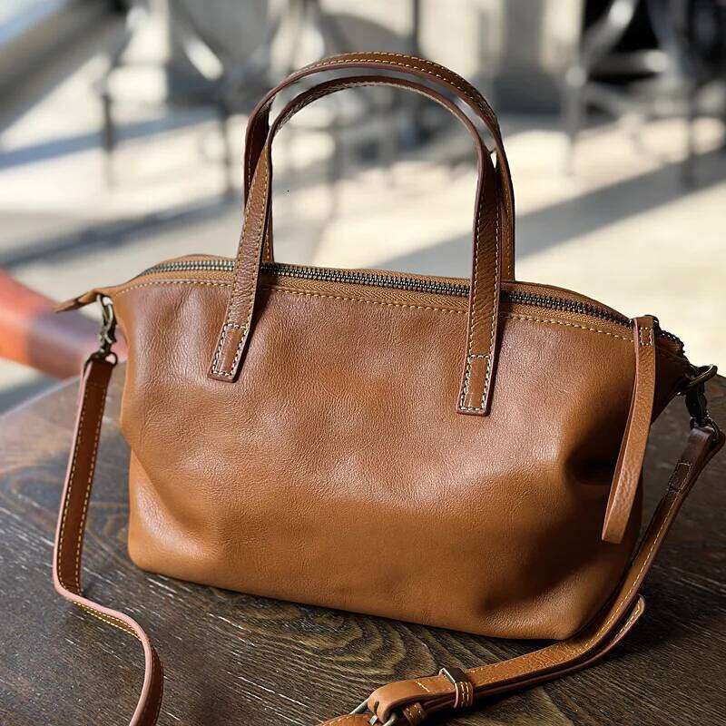 Genuine Quality Women's Top-Layer Cowhide Shoulder Crossbody Bag, Tree Paste Leather Wrinkled Handbag For Women