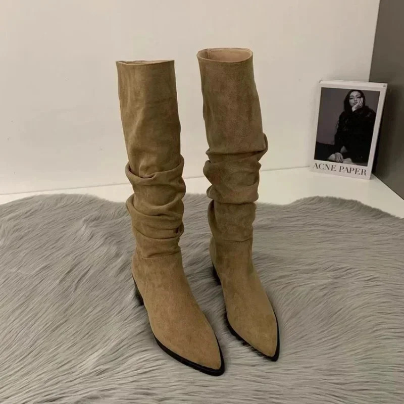 Women Knee High Boots Autumn Winter Female Shoes Fashion Female Slip-on Folds Low Heel Round Toe Flat Long Boots Botas De Mujer 251110