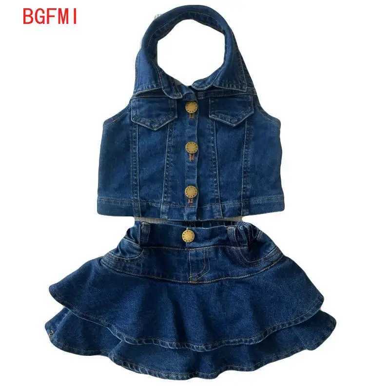 2-11Y Girl Summer Clothing Cute Denim Set New Sleeveless Top Fashion Ruffle Edge Childrens Girls Shorts 2-piece SetXJ250410