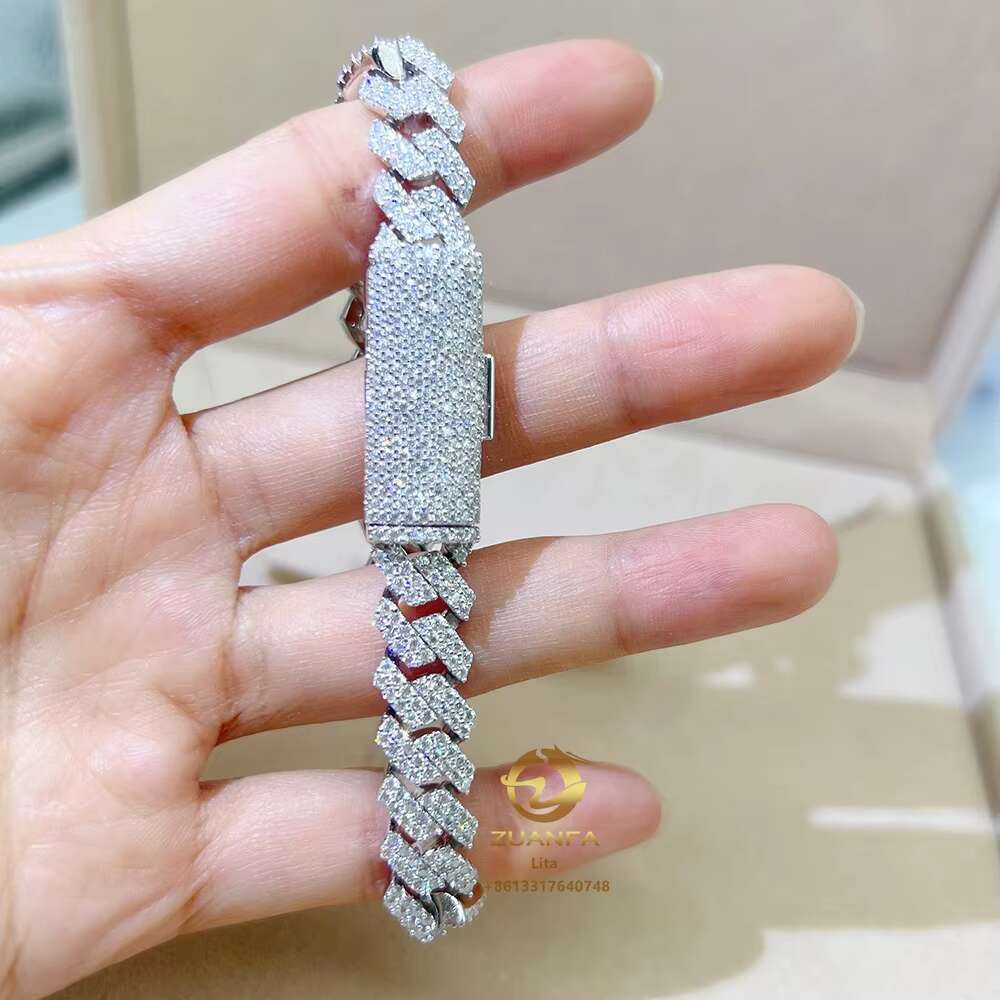 Fashion Fine Iced Out Jewelry Custom Gold Plated Long Clasp Cuban Link Chain Moissanite 10mm Silver Cuban Bracelet