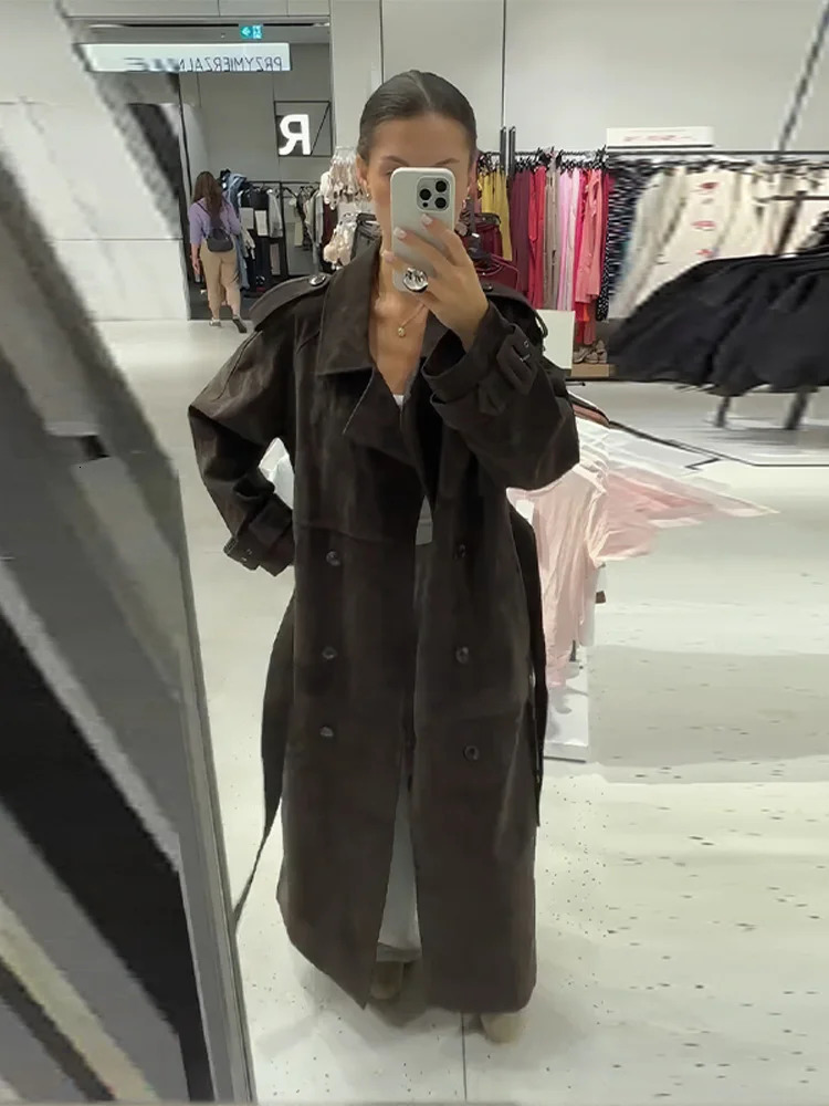 Suede Vintage Belts Long Jacket Women Double Breasted Loose Turn-down Collar Long Sleeve Autumn Coat Street Female Outwear 251106