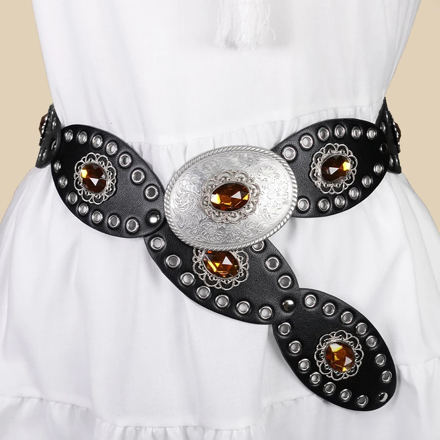 Black Vintage European Style Womens Belt - Rhinestone Inlaid Openwork Carving Wide Fashion Waist Accessory 251110