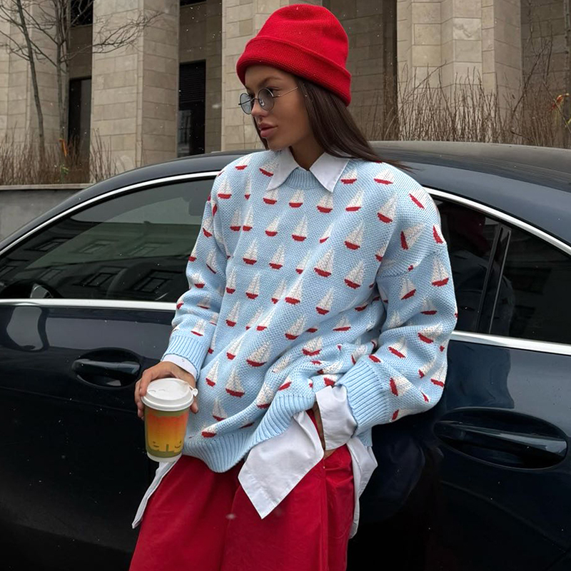 Women's color clashing pullover sweater fall and winter casual style, street style sweater, fashionable and versatile hot women's clothing, 