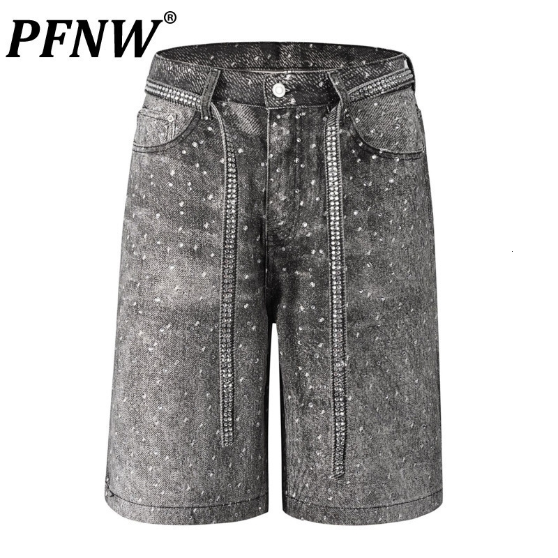 PFNW American High Street Heatmelting Denim Shorts Mens Loose Straight Knee Length Pants Belt Jeans 28W6067 w250317