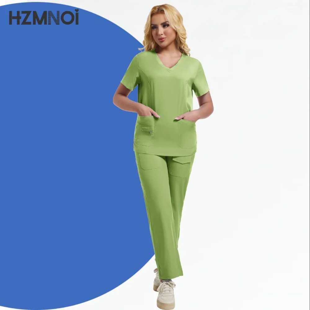 Solid Color Breathable Nursing Scrubs Women Uniforms Elasticity Pet Clinic Nurse Workwear Medical Doctor Thin Clothing X250410