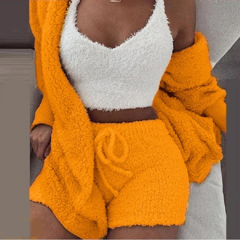 Fluffy Pajamas Set for Women Casual Sleepwear Tank Top and Shorts Plus Size Hoodie Leisure Homsuit Winter 3 Pieces Pijamas 251106