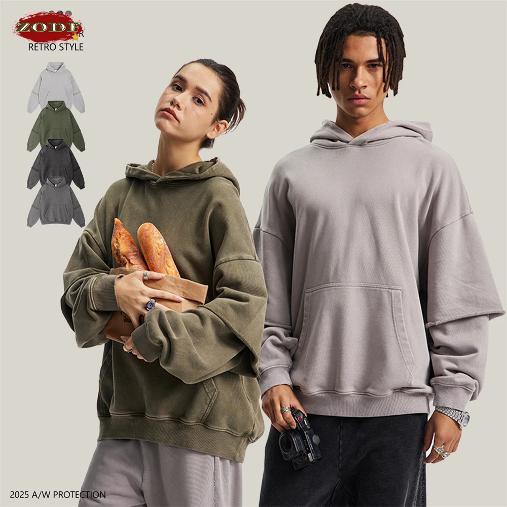ZODF Autumn Mens Washed Heavy Weight Cotton Hoodies Unisex Retro 2 Peice 430gsm Loose Edge Hooded Pullovers HY1082 251110
