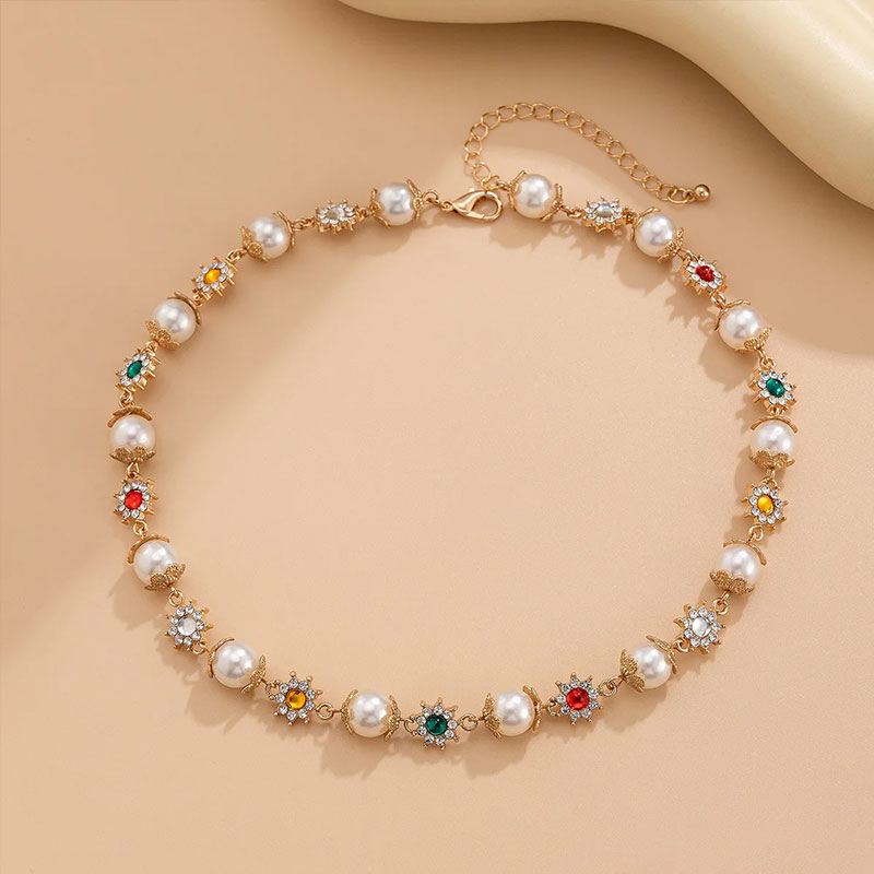 IFYOUOO Luxury Shinny Colorful Rhinestone Short Necklace Women Imitation Pearl Choker Jewelry Collar Wed Bridal Goth