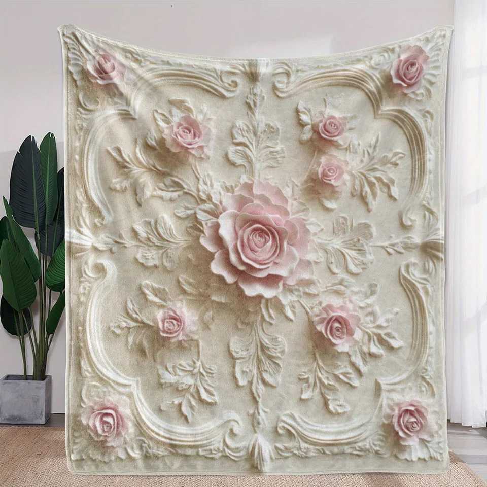 Luxury All-Season Flannel Blanket Embossed Rose Floral PrintUltra Soft Versatile for Sofa/Bed/Car/Travel Pink Roses on White C251111