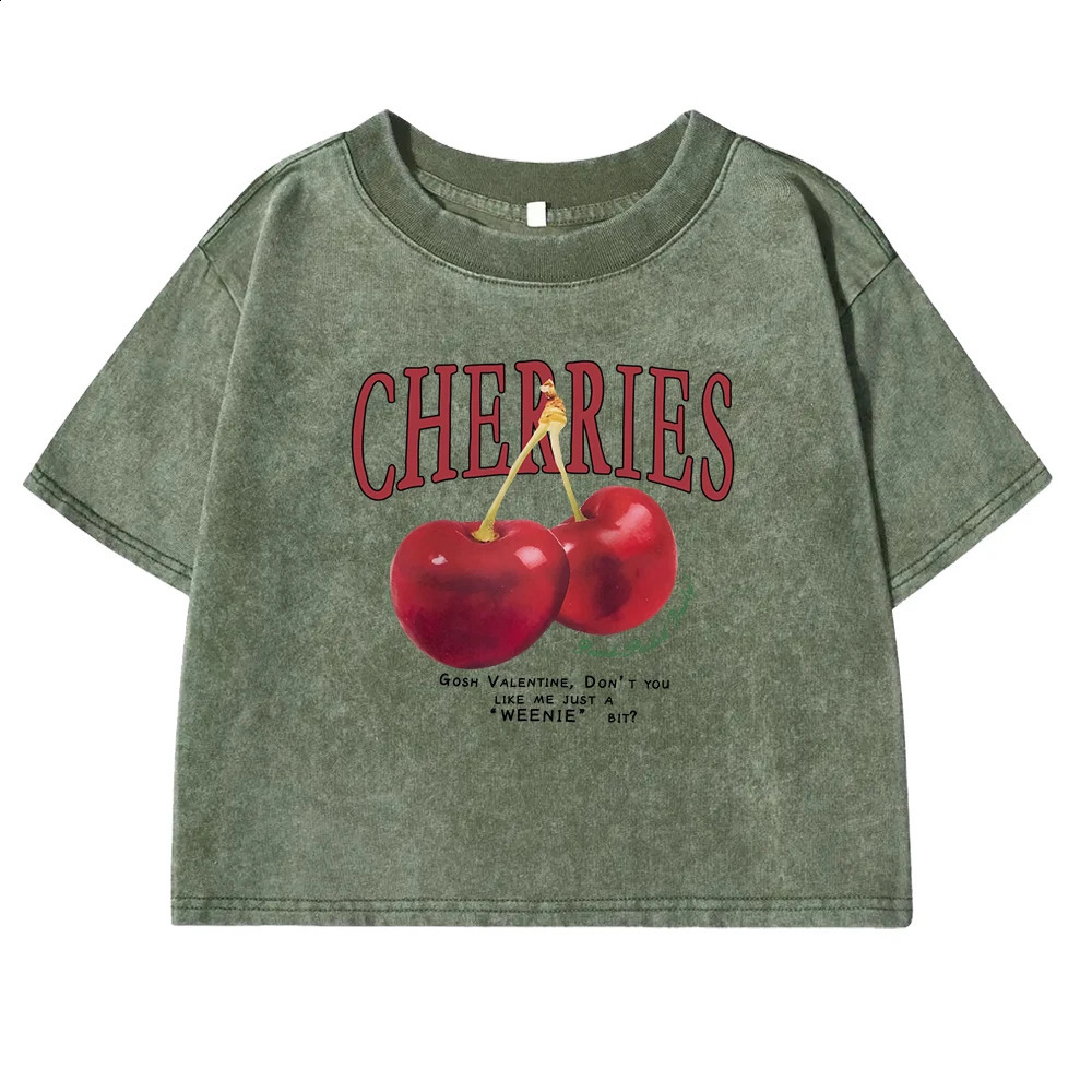 Red Cherries Letter Printed Female T-shirt Fashion Summer Washed Clothing Casual Cotton Crop Top Retro Tee Shirts For Women 250410