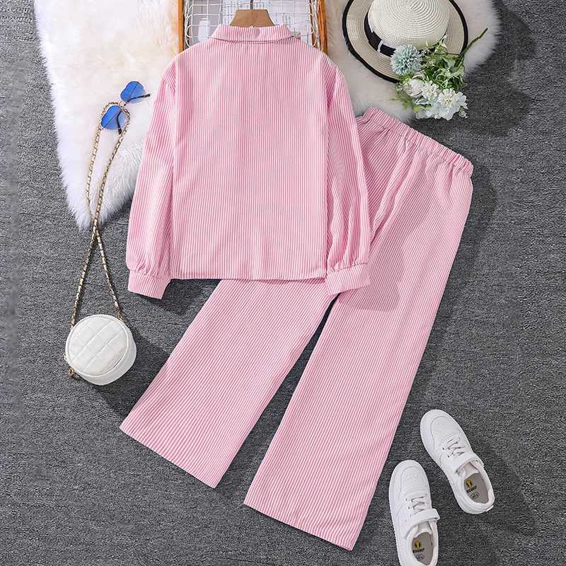 Childrens clothing set suitable for girls aged 4-12 pink striped long sleeved lapel cardigan cardigan and pants daily waist comfort setXJ250410