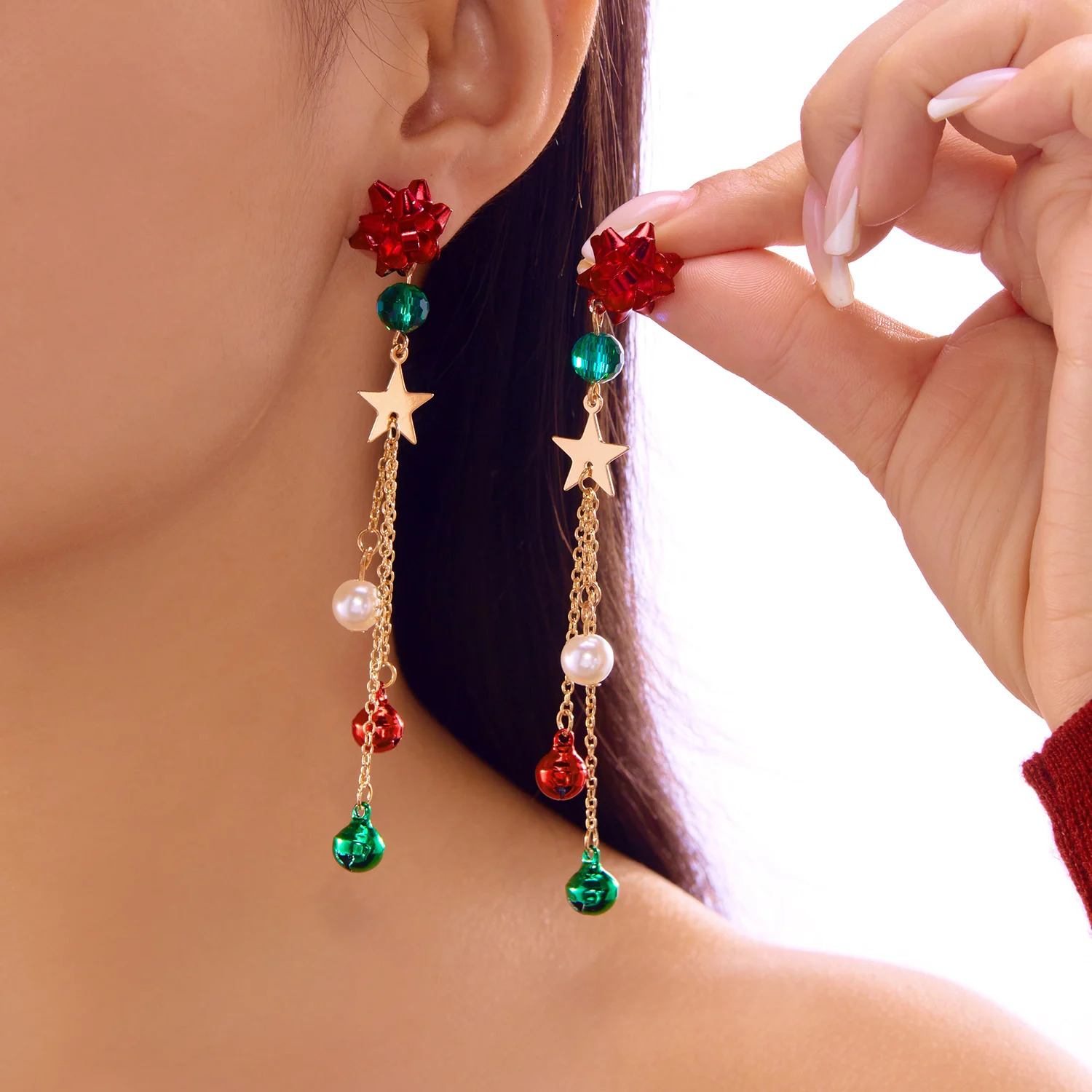 Merry Christmas Pearl Flower Star Bell Long Tassel Dangle Earrings for Women Shiny Crystal Zircon Snowflake Earring Girl Jewelry 251103