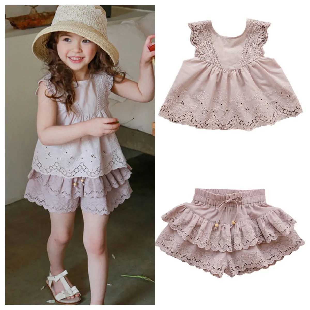 Childrens Girls Clothing 2024 Summer Preschool Baby Girls Sweet Lace Solid Color Doll Shirt Top and Ruffle Shorts SetXJ250410