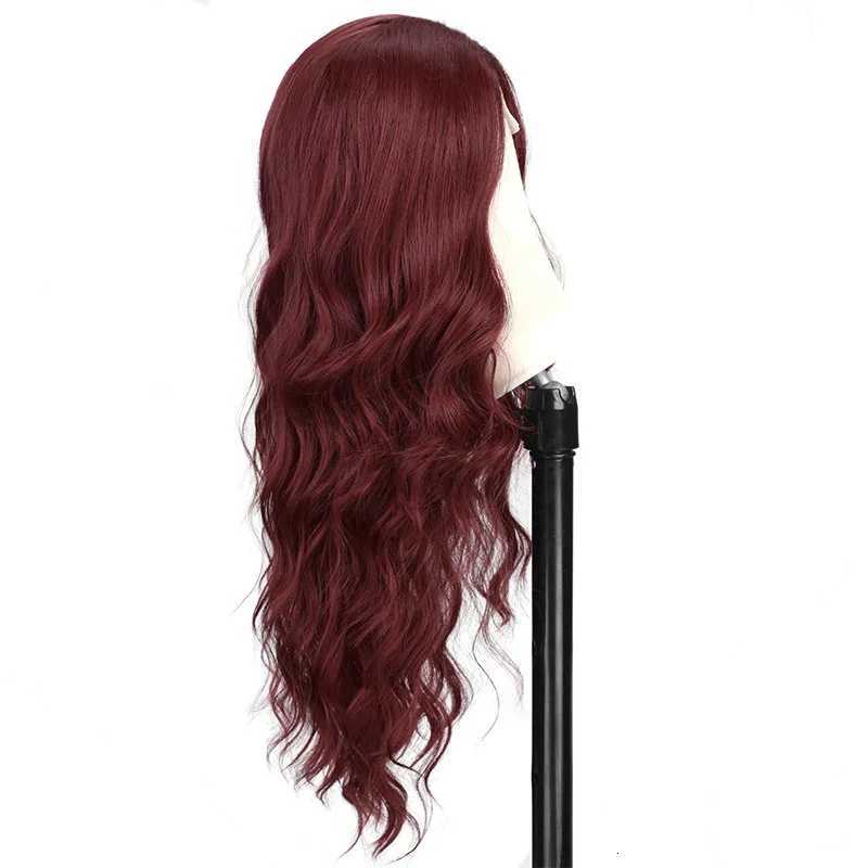 Red wine color synthetic wig with long curly hair full head of wig party daily use high-temperature hair wigT251111