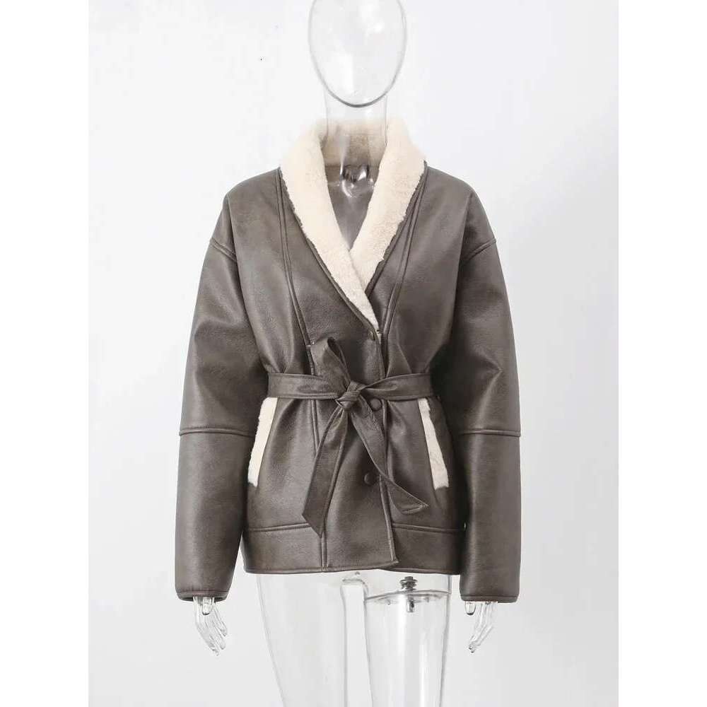 Thick Plush Leather Outwear Coat Women Crocodile Pattern Single Breasted Belt Lapel 2024 Winter Chic Jacket Long Sleeve Overcoat