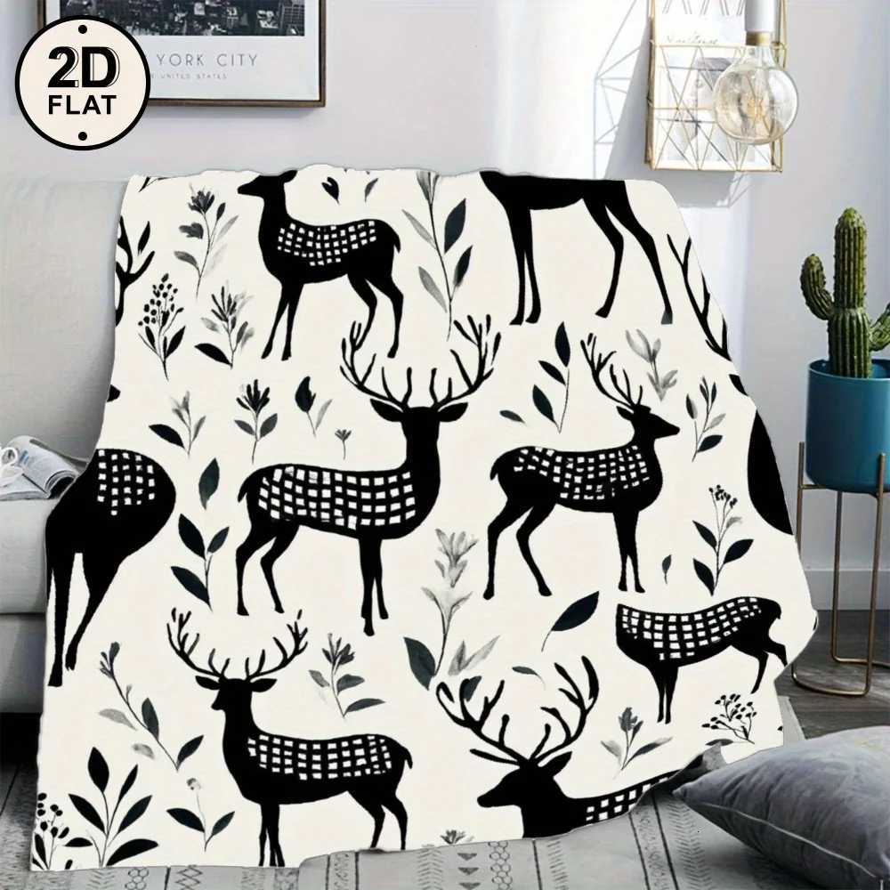 1pc Soft Flannel Blanket - Modern Nordic Deer Floral pattern in Black/White/ All-Season Luxury Throw for Living Room Bedroom C251111
