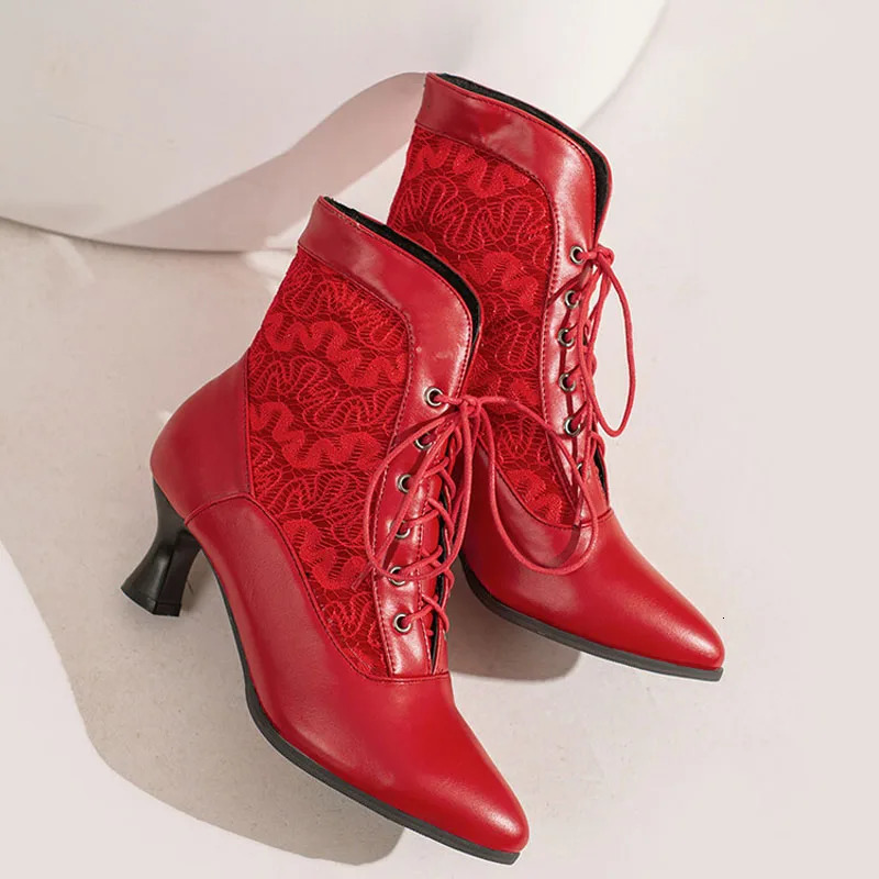 Lace-up Women Ankle Boots Middle Heels Custom Lace Pointed Toe Autumn Winter Women Shoes Black Red White Short Booties WSH4927 251110
