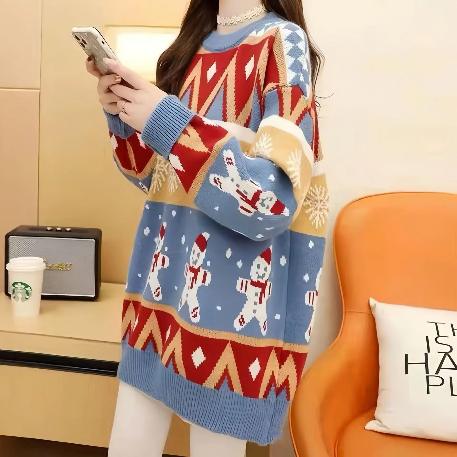Autumn Winter Loose Oversized Sweater Women Christmas Snowflake Knitted Longline Thickened Pullover 251106
