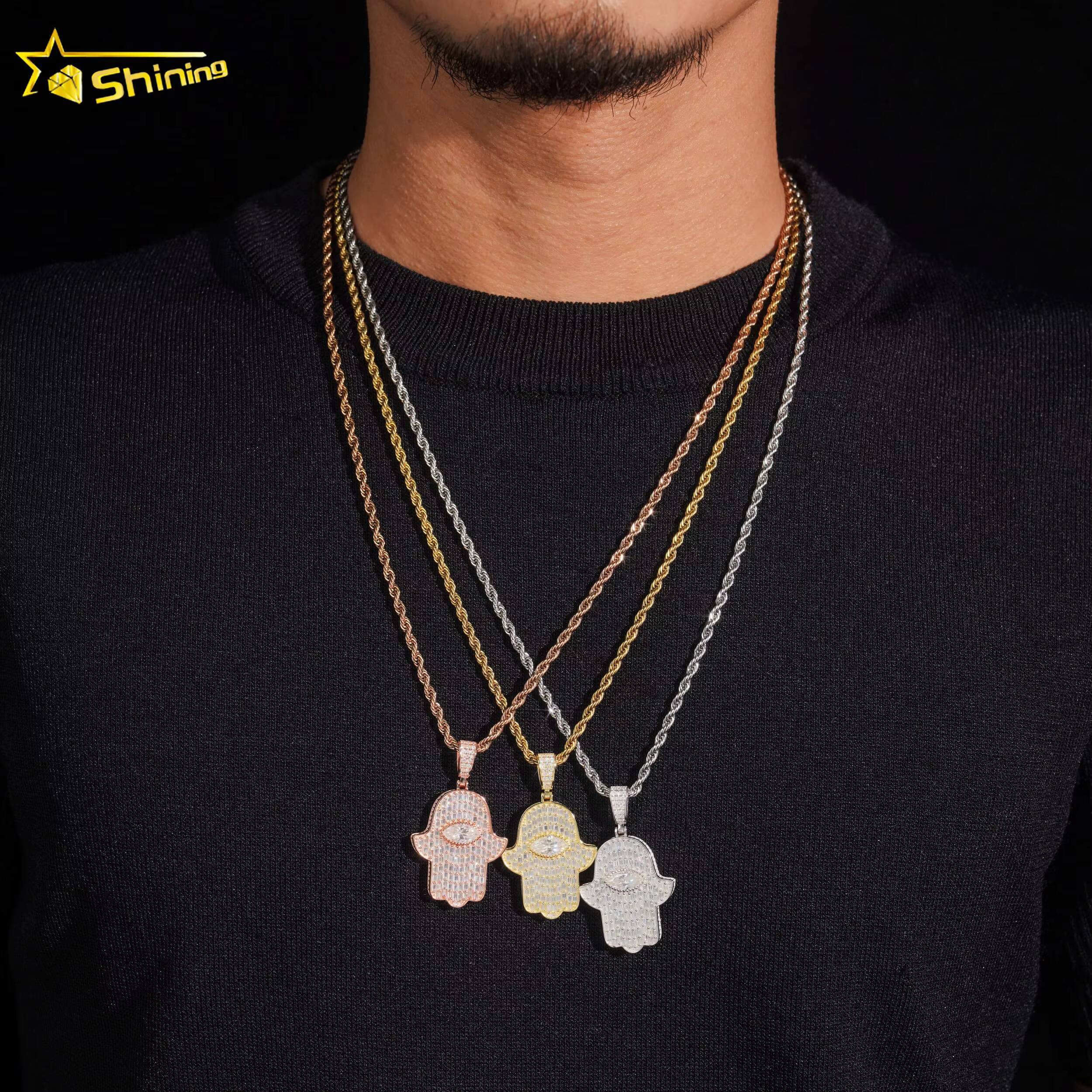 New Arrival Iced Out Baguette Moissanite Hamsa Pendant GRA Certificated 925 Silver Custom Pendant Moissanite Hip Hop Jewelry