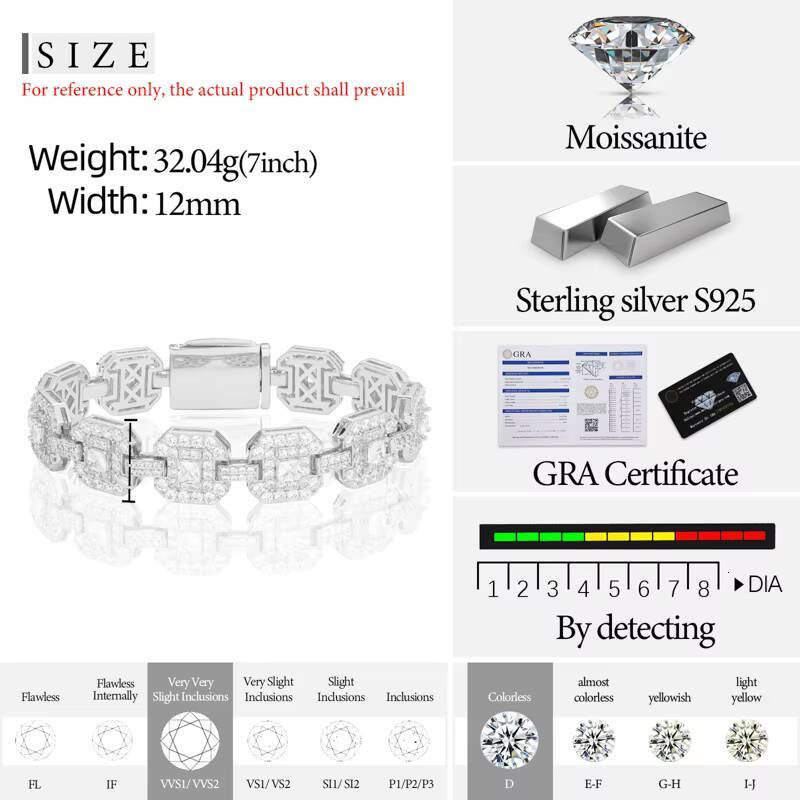 Luxury Hip Hop Jewelry 12mm Gold Plated 925 Sterling Silver VVS Moissanite Diamond Square Shaped Fashion Bracelet for Men Women