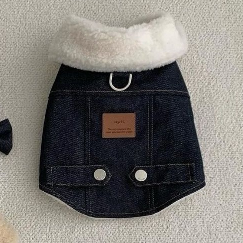 Warm Fleece Collar, Stylish Denim Design Dog Jacket, Trendy Pet Winter Coat with Pockets, Fashionable Cold-Resistant Apparel for Small Dogs, for Outdo