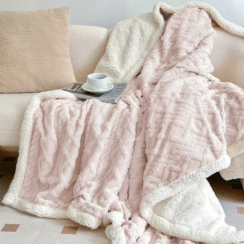 Winter Solid Jacquard Taffeta Blanket Thick Warm Coral Fleece Nap Blanket for Office Living Room Sofa Cover for Single Queen C251111